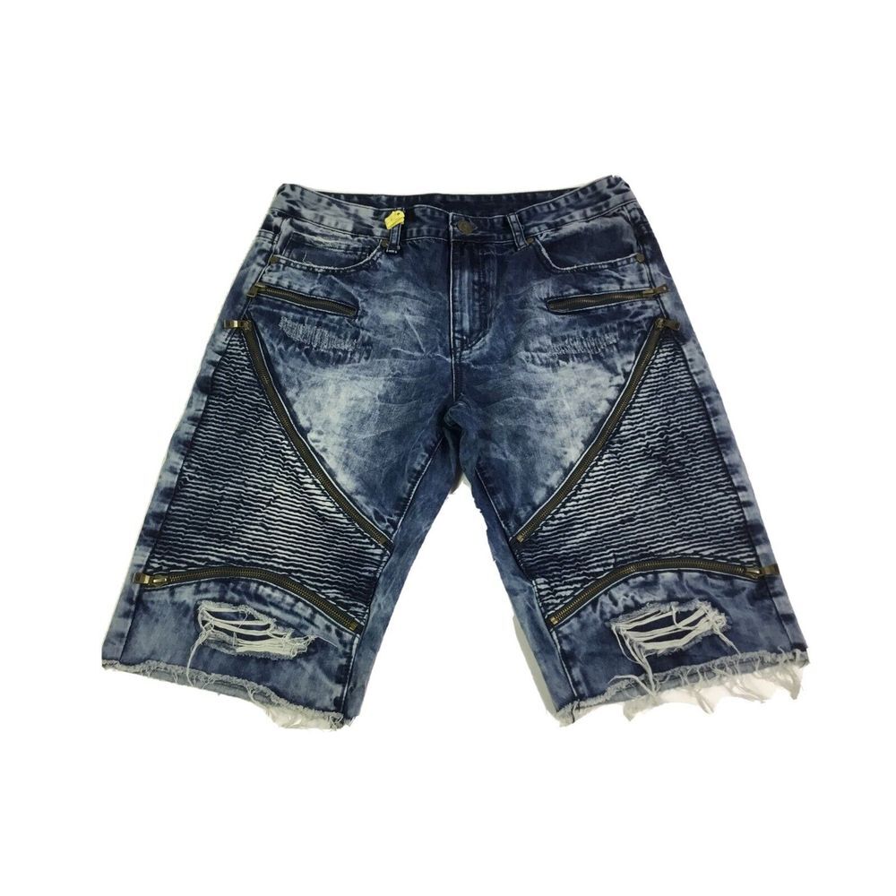 D-Lux Denim Brand  DUX Mens‎ Shorts Size 32 distressed zippers raw edge Bleached